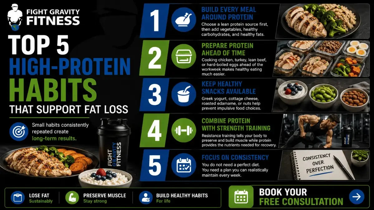 Infographic highlighting five high-protein habits that support fat loss through meal planning, protein intake, strength training, and consistency.