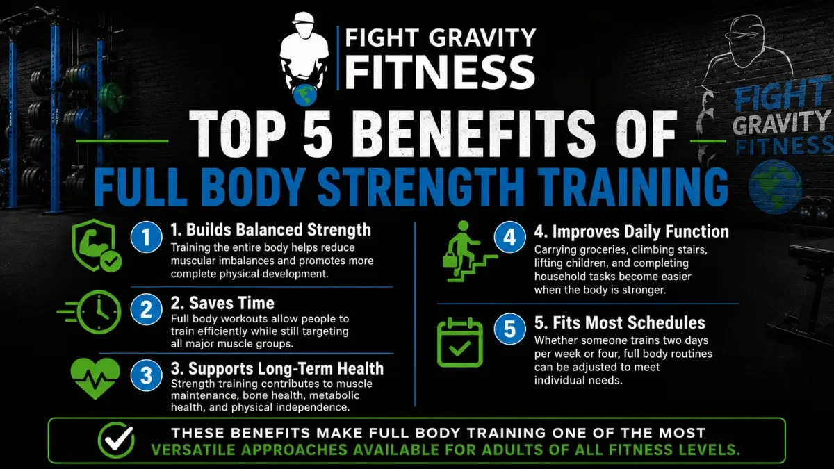 Infographic highlighting the top five benefits of full body strength training, including balanced strength, time efficiency, long-term health, daily function, and flexible scheduling.