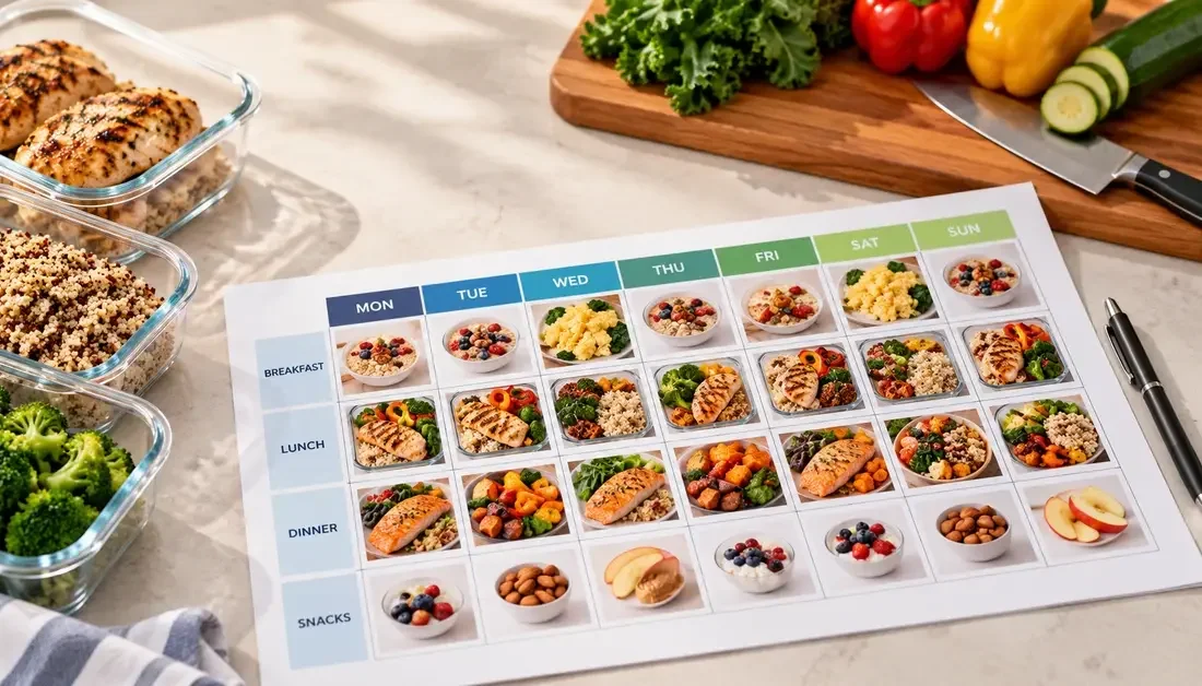 Weekly meal prep for strength training with portioned protein and vegetables