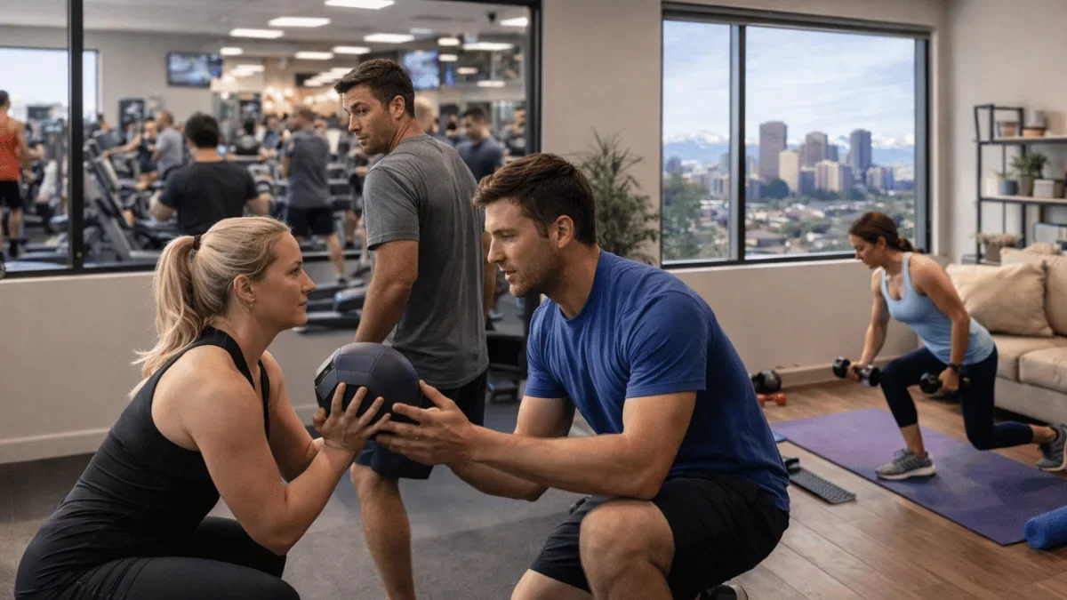 Denver personal training options explained with a private trainer coaching a client in a focused setting compared to a busy commercial gym environment