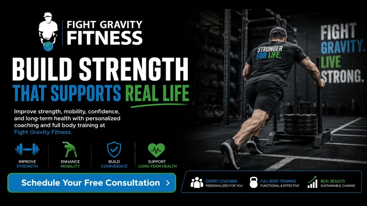 Fight Gravity Fitness promotional graphic showcasing personalized coaching and full body strength training for strength, mobility, confidence, and long-term health.