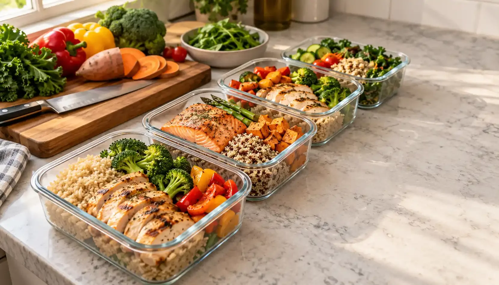 Meal prep for strength training containers with chicken, quinoa, and vegetables