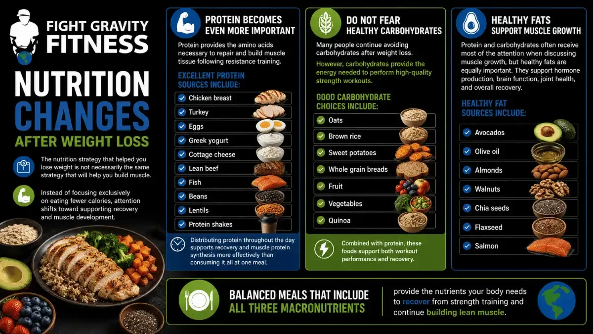 Infographic explaining nutrition changes after weight loss, including protein, healthy carbohydrates, healthy fats, and balanced meals for building lean muscle.