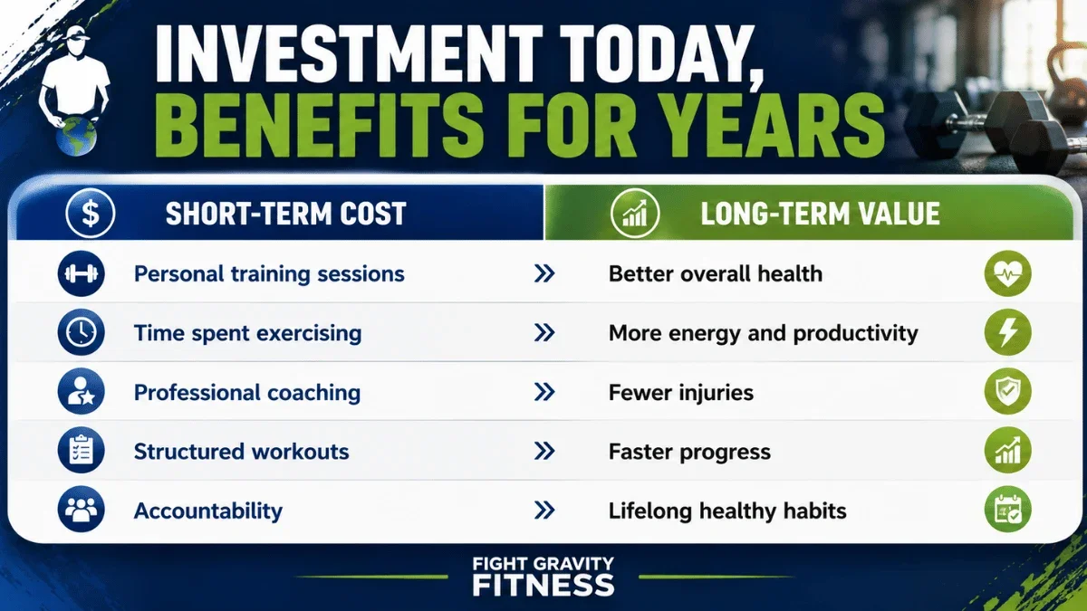 Fight Gravity Fitness infographic illustrating how investing in personal training leads to long-term benefits such as better health, more energy, fewer injuries, faster fitness progress, and lifelong healthy habits.