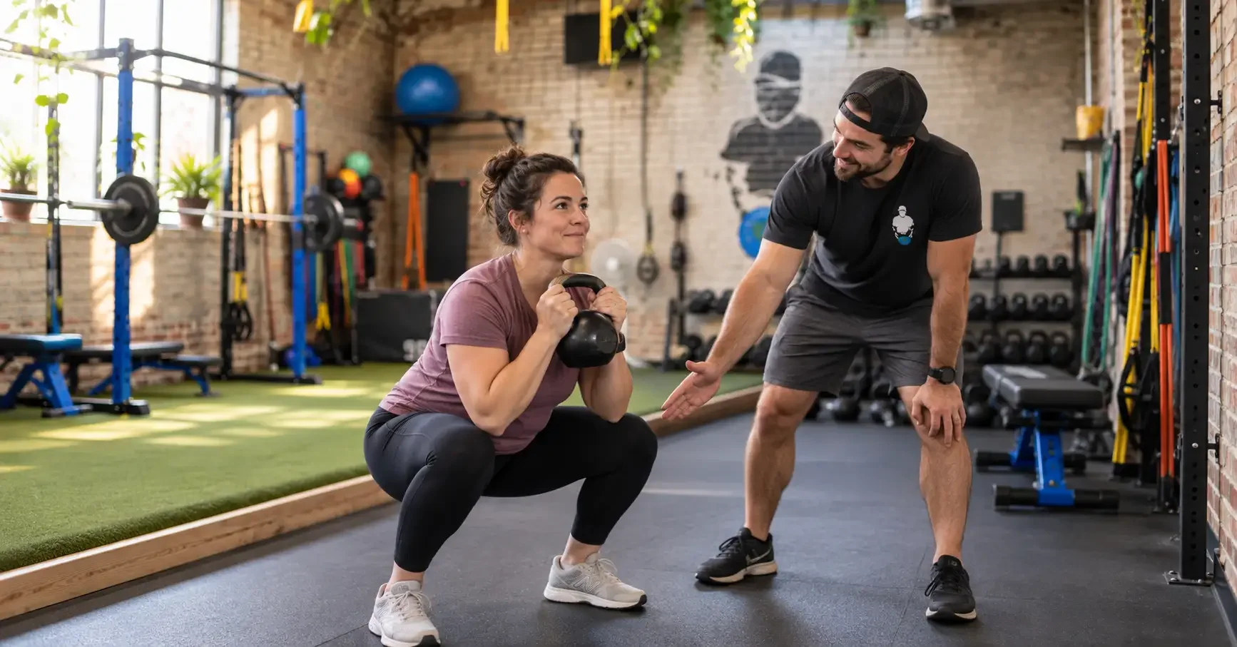 Beginner performing a coached goblet squat, a compound movement at the core of a good workout split