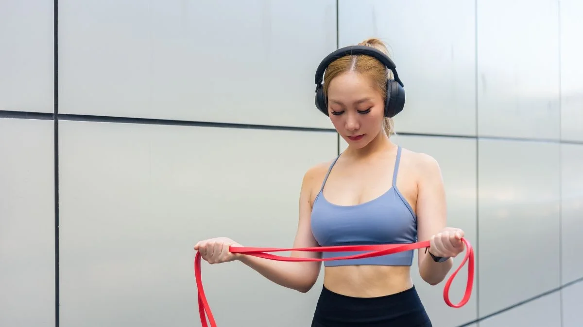 Woman using resistance band during strength workout demonstrating beginner weight training exercise
