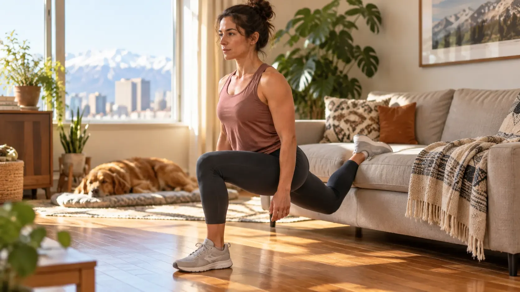 Person performing a Bulgarian split squat at home, a challenging bodyweight exercise for building lower-body muscle