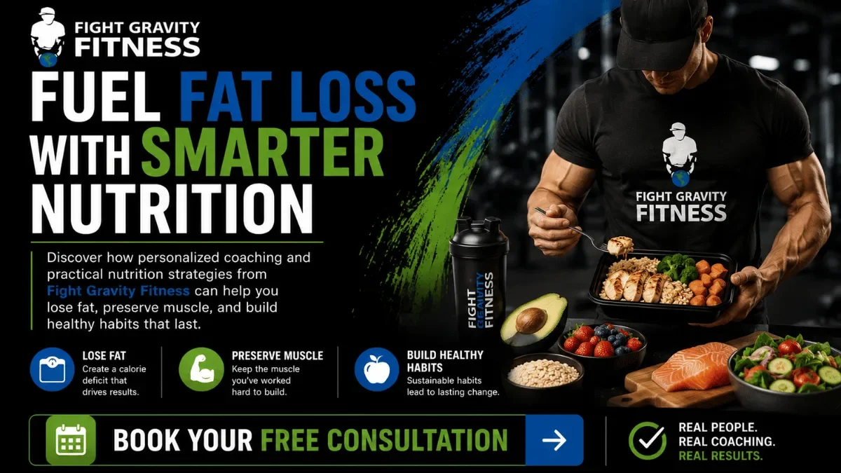 Fight Gravity Fitness call-to-action promoting personalized nutrition coaching to lose fat, preserve muscle, and build lasting healthy habits.