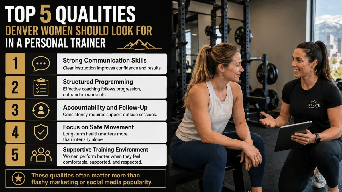 Infographic highlighting the top five qualities Denver women should look for in a personal trainer alongside a trainer consultation in a gym.