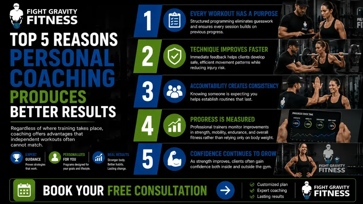Infographic explaining five reasons personal coaching delivers better fitness results through expert guidance, accountability, and customized programming.