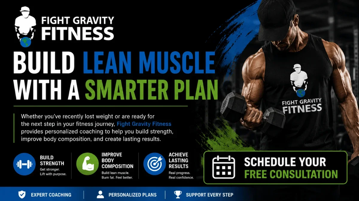 Fight Gravity Fitness call-to-action graphic promoting personalized coaching to build lean muscle, improve body composition, and schedule a free consultation.