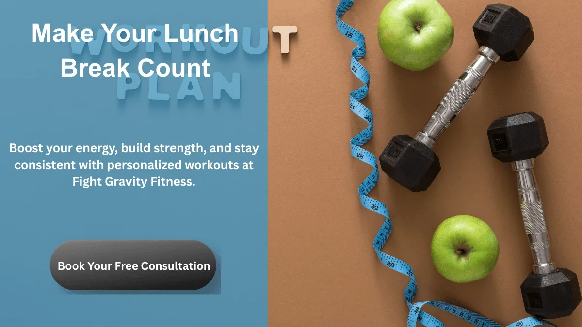 Dumbbells measuring tape and apples promoting healthy lunch break workouts and fitness routine