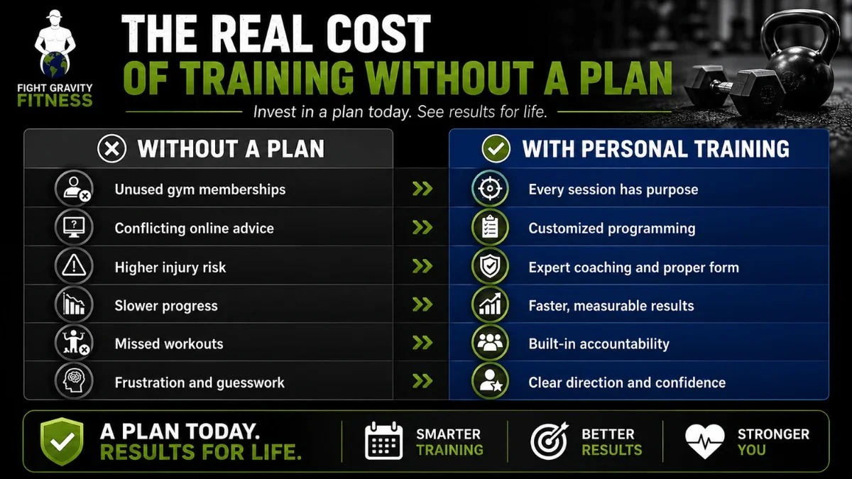 Fight Gravity Fitness infographic comparing the challenges of training without a plan to the benefits of personal training, including customized workouts, expert coaching, accountability, faster results, and improved confidence.