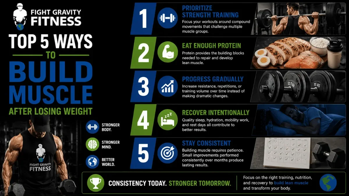 Infographic outlining five proven strategies to build muscle after losing weight through strength training, nutrition, recovery, and consistency.