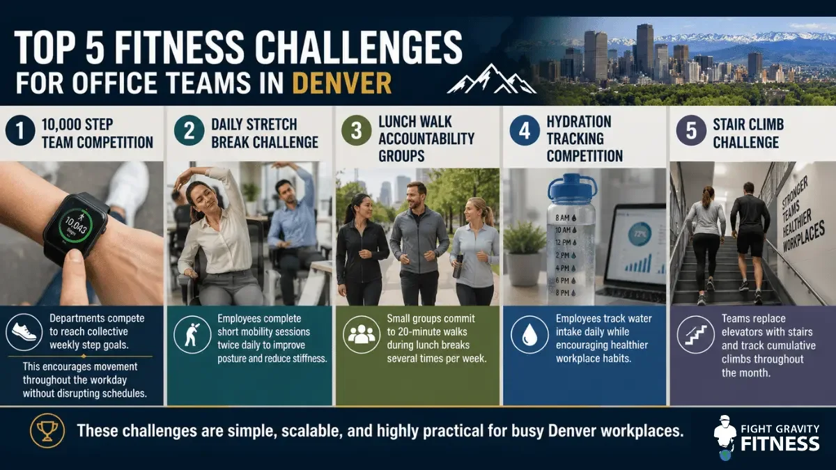 Infographic highlighting five workplace fitness challenges for Denver office teams, including step competitions, stretch breaks, lunch walks, hydration tracking, and stair climbing to improve employee wellness.