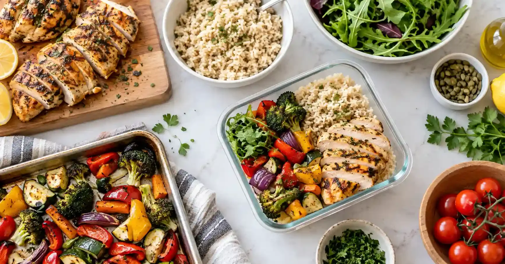 Balanced meal prep with lean protein, vegetables, and carbohydrates for sustainable fat loss nutrition