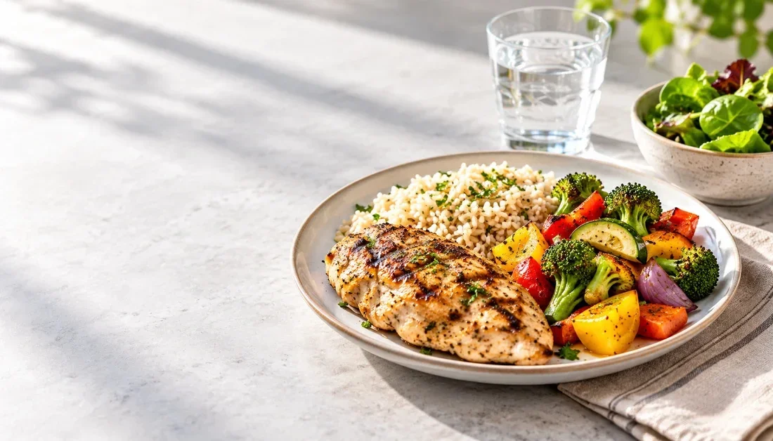 Strength nutrition plate with grilled chicken, rice, and vegetables