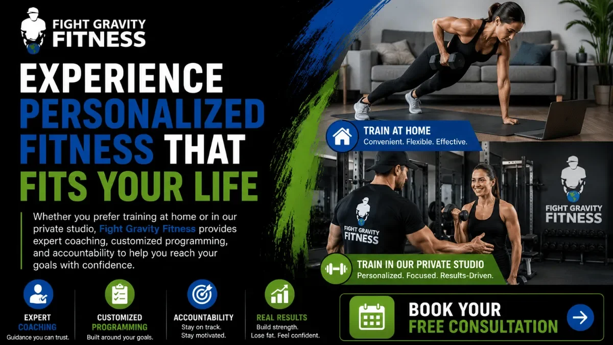 Fight Gravity Fitness call-to-action promoting personalized personal training at home or in a private studio with expert coaching.