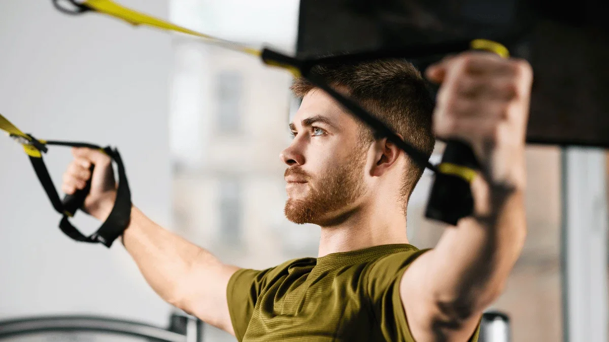 Close up of man using TRX suspension trainer for upper body strength workout