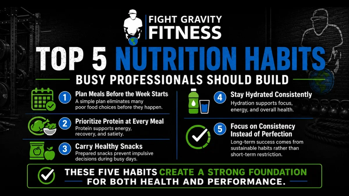 Infographic outlining the top five nutrition habits busy professionals should build, including meal planning, protein intake, healthy snacks, hydration, and consistency.