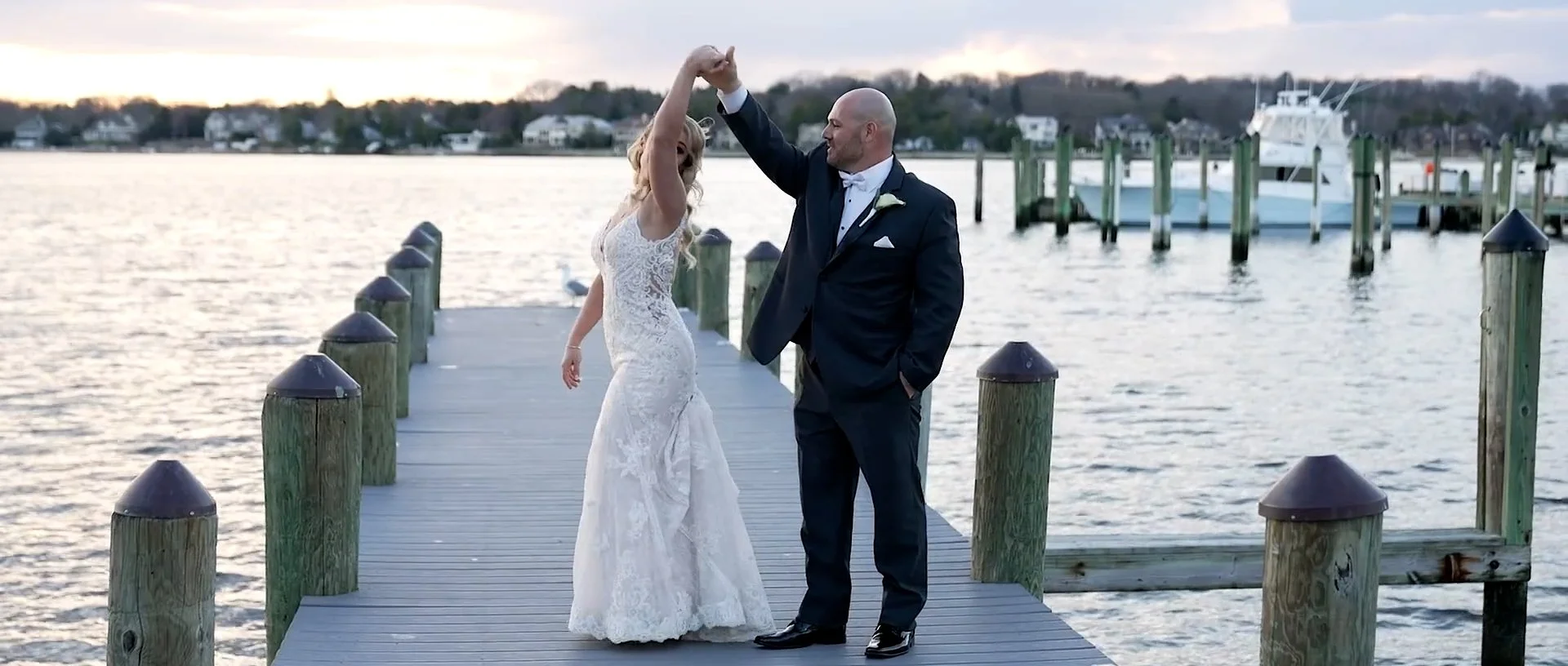 A bride and a groom doing a small dance at Clarks Landing Yacht Club NJ.