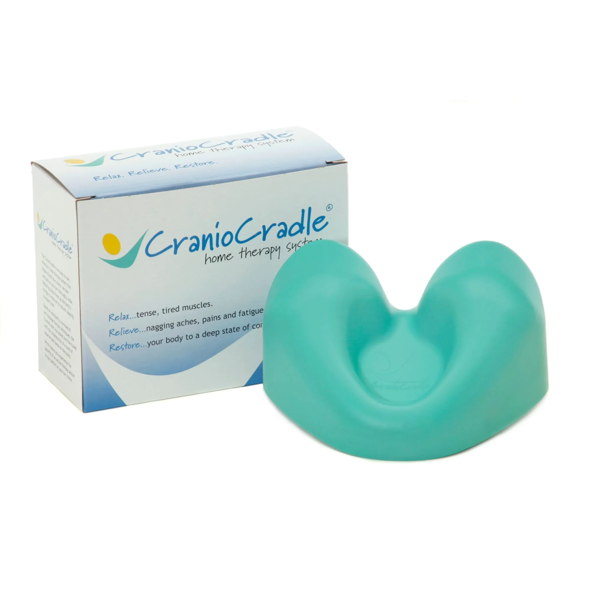 Image of CranioCradle box with actual CranioCradle sitting in front of it