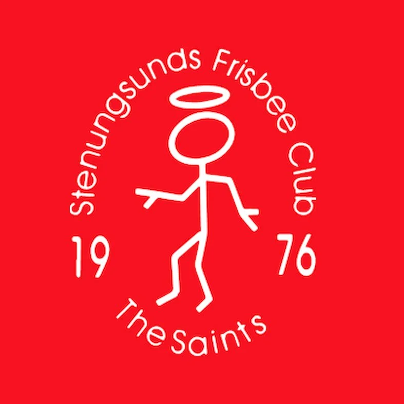 Logotyp för Stenungsund FC. En vit ängel i stil av en streckfigur