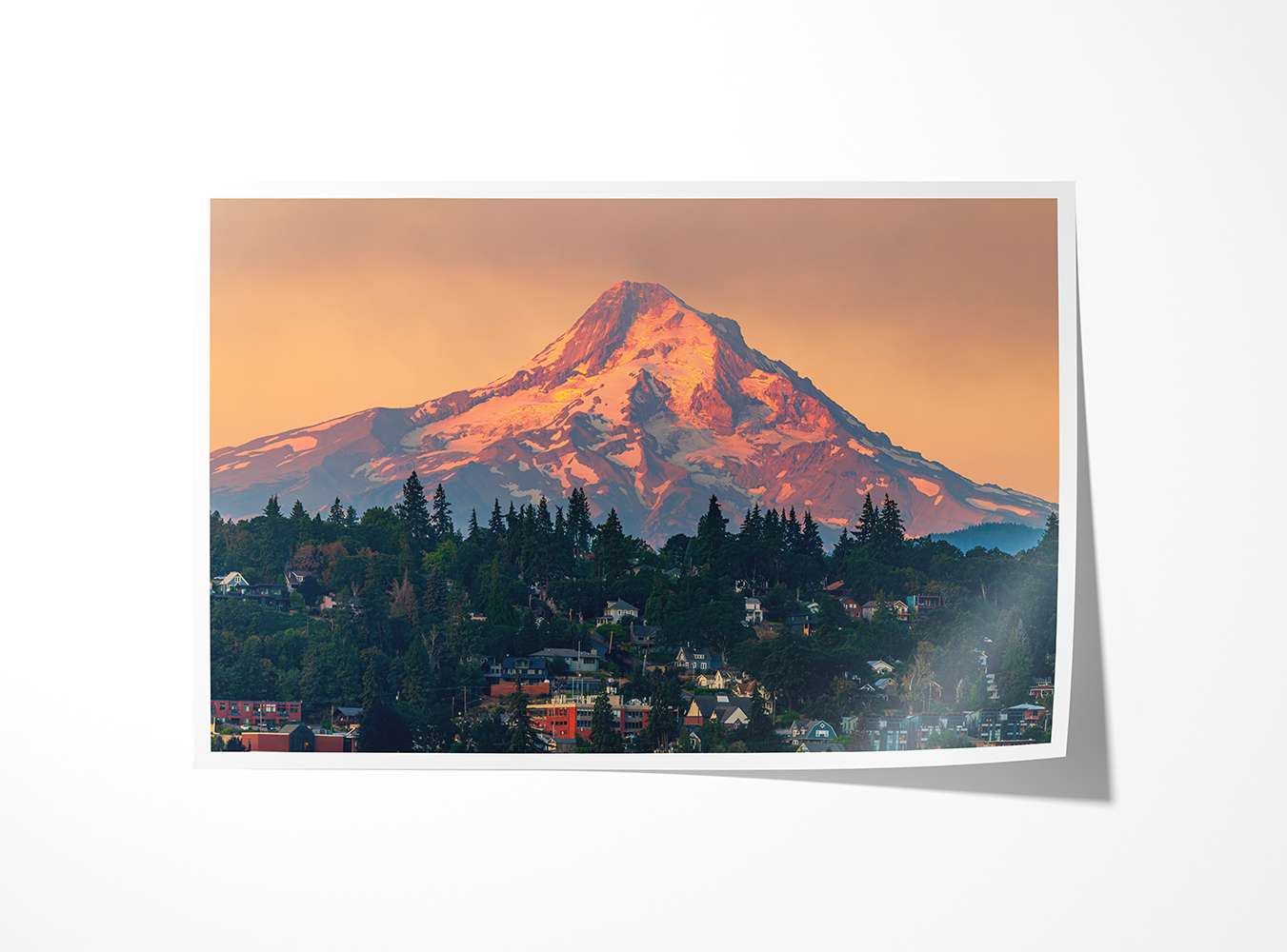 Fine art print of “Hood River” featuring Mount Hood rising above the town. Oregon mountain and cityscape in soft sunset tones.