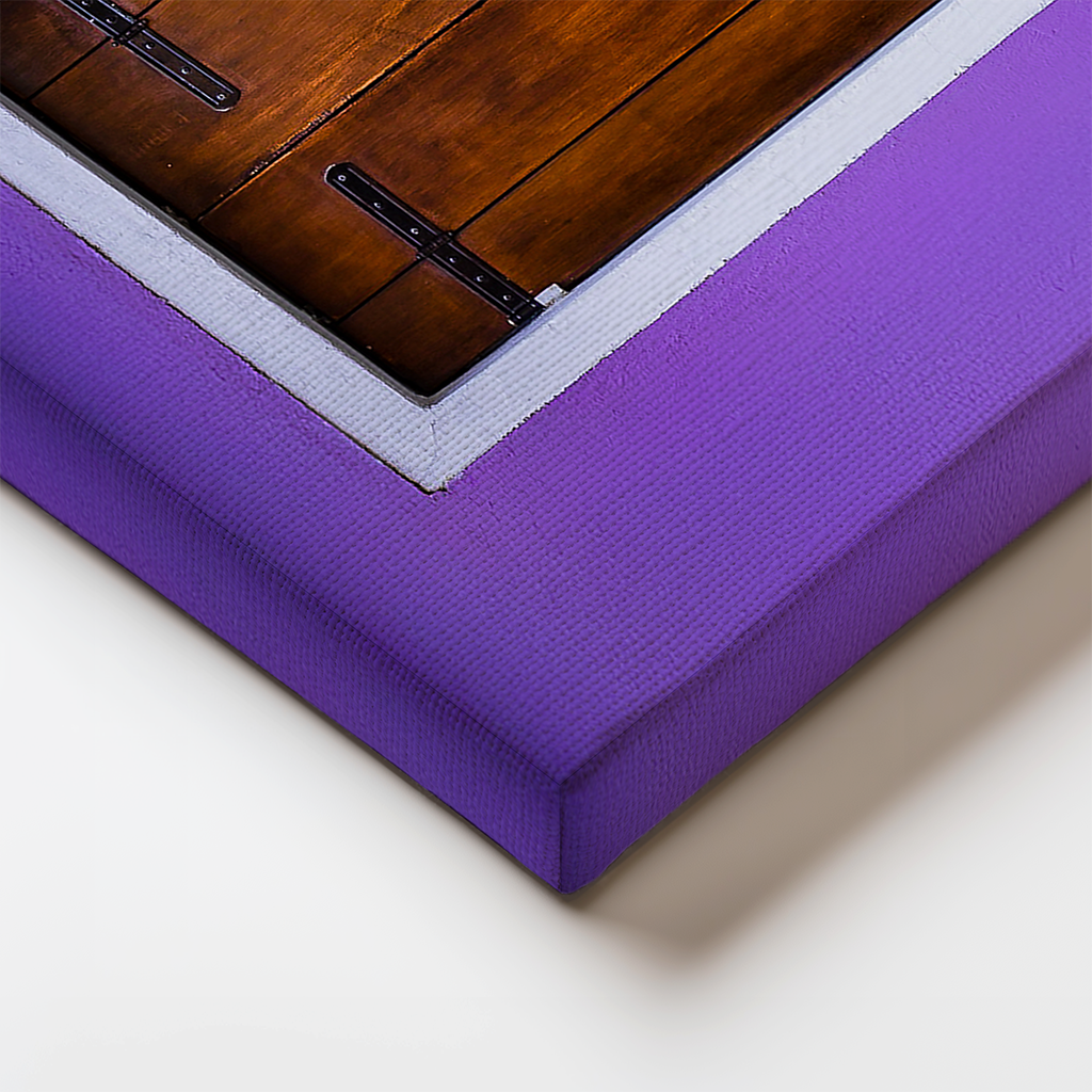 Edge detail of canvas showing the contrast of purple wall and rich wooden window texture.