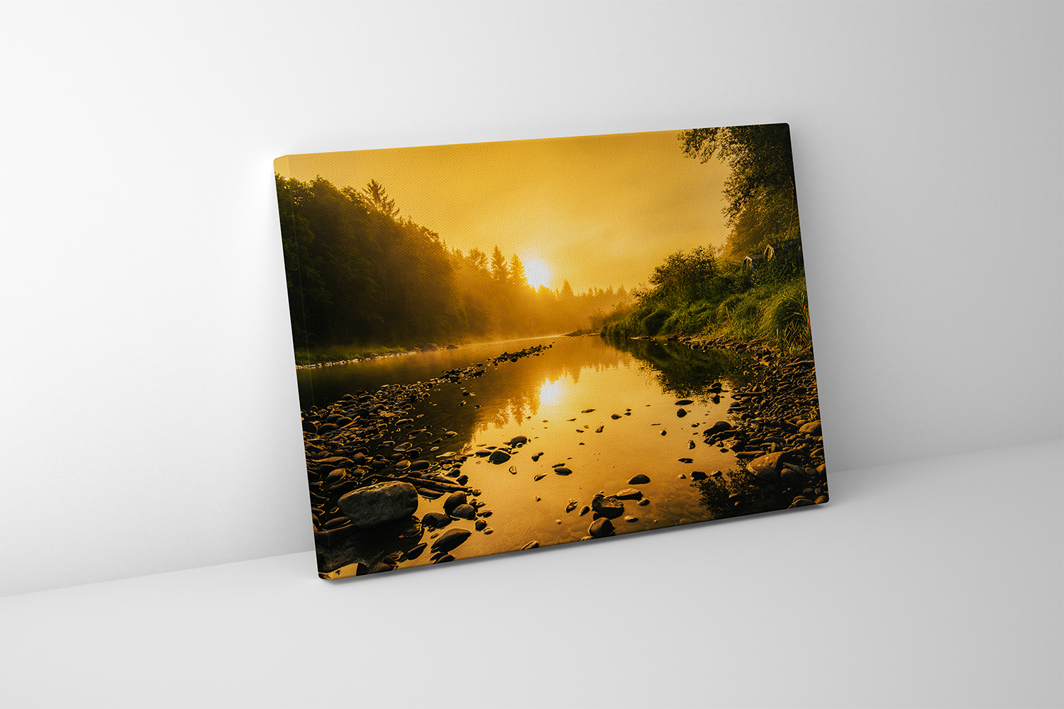 Gallery-wrapped canvas print of a vibrant Olympic sunrise reflecting in a calm Washington river.
