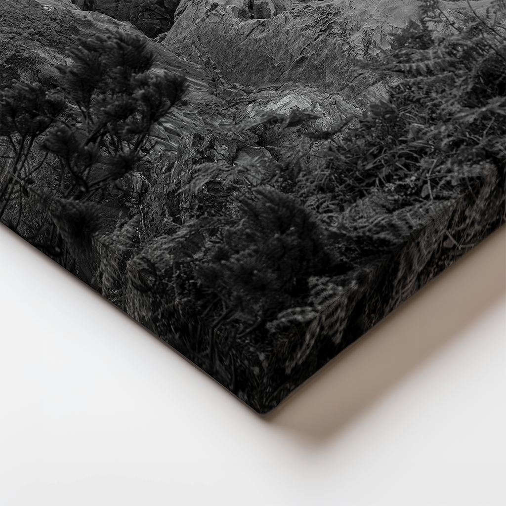 Detail of canvas edge showing wrapped black and white coastal textures from Shore Acres.