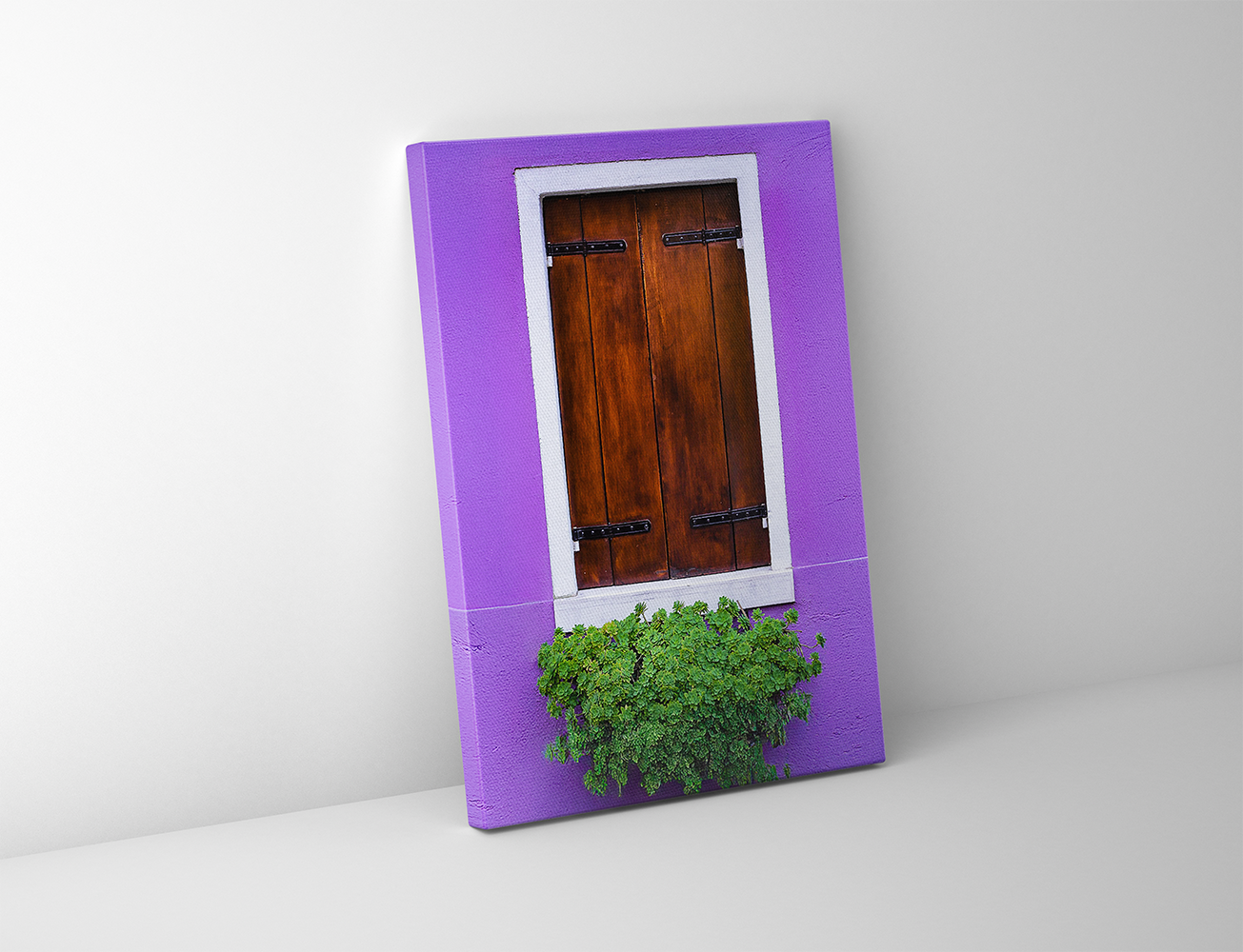 Canvas print of a classic shuttered window set against a vivid purple Venetian facade with greenery.