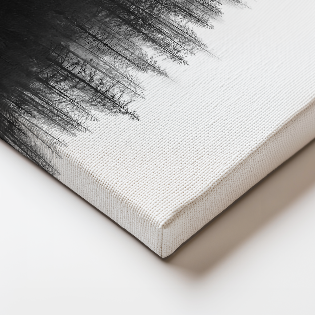 Canvas edge close-up from “Ashen” featuring charred tree silhouettes fading into fog. Textural fine art for contemplative spaces.