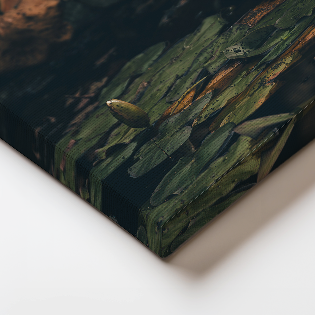 Close-up of canvas edge showing gentle detail of the lily’s petals and surrounding pads. Fine botanical print with painterly quality.