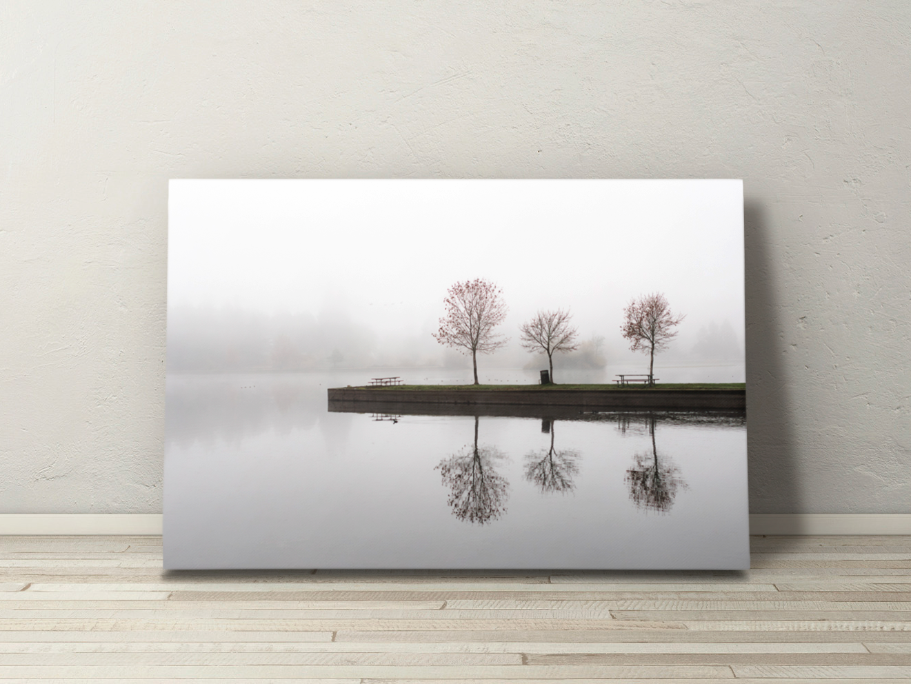 Canvas wall art of “Selmac,” a tranquil scene of autumn trees at Selmac Lake in fog. Gallery-style fine art nature photography.