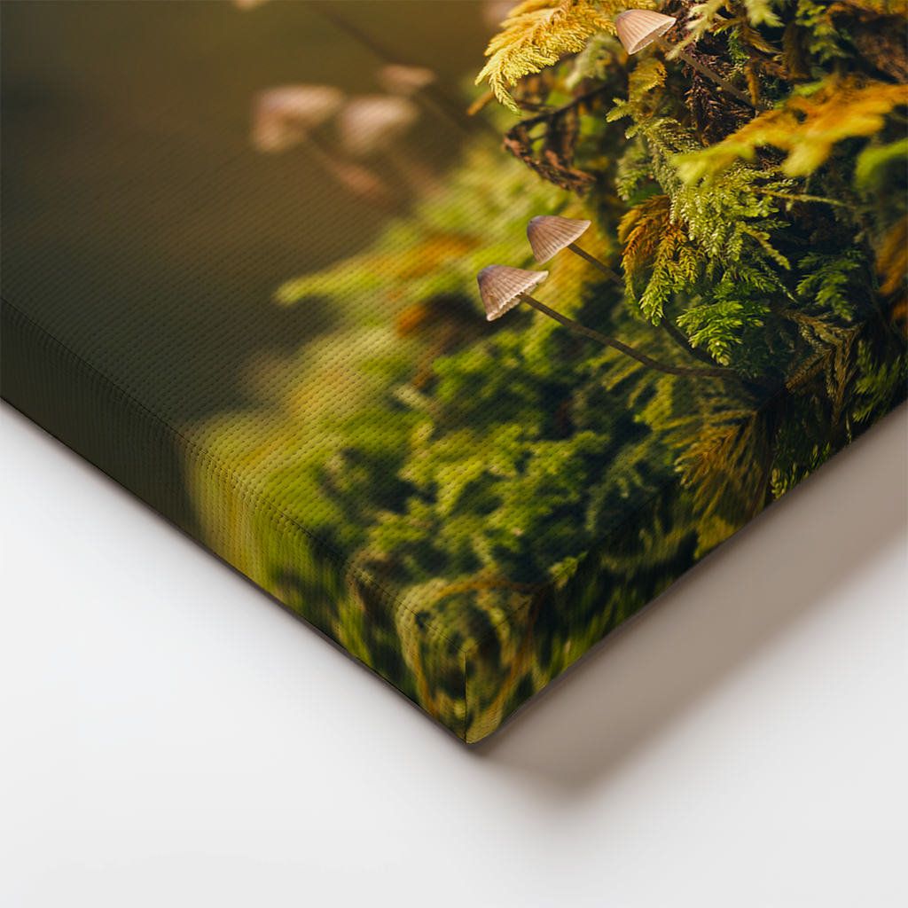 Close-up of canvas edge showing fine details of Oregon mushrooms and vibrant moss from “Mushroom Forest.” Earthy, textural forest scene.