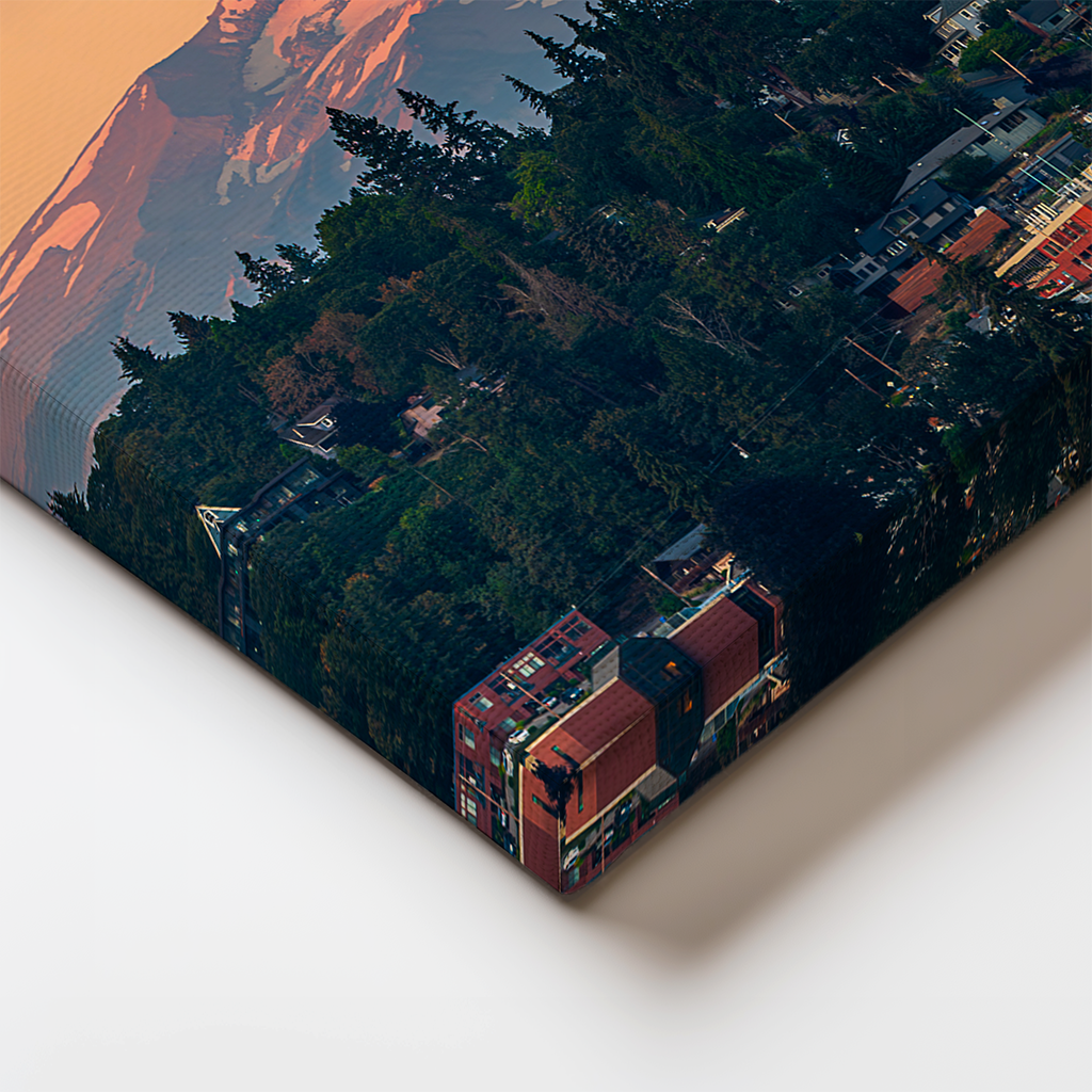 Close-up of canvas edge from “Hood River,” showing detailed textures of Mount Hood’s ridges and forested foreground.