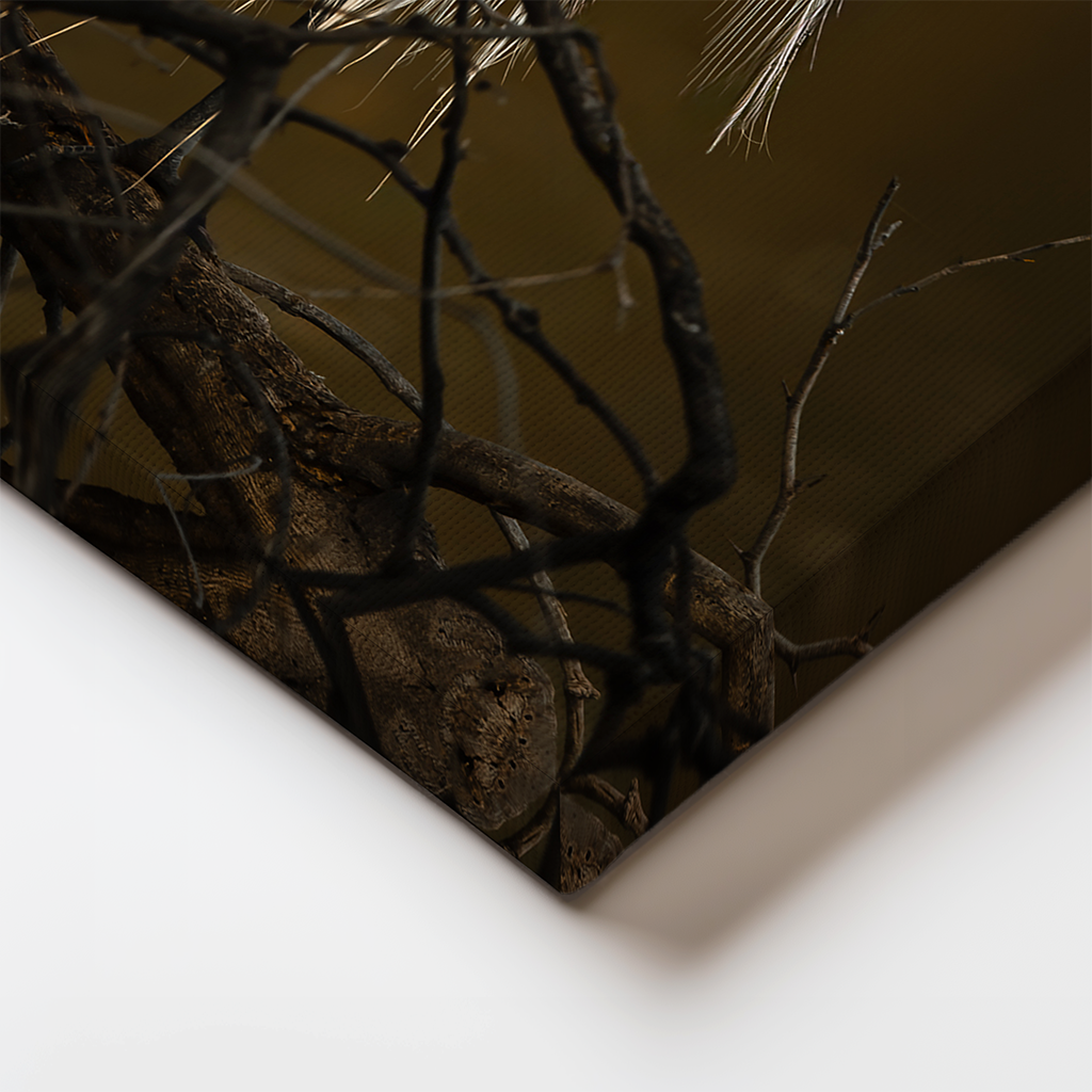 Detailed view of wrapped canvas edge showcasing fine textures and soft hues of the egret and surrounding shadows.