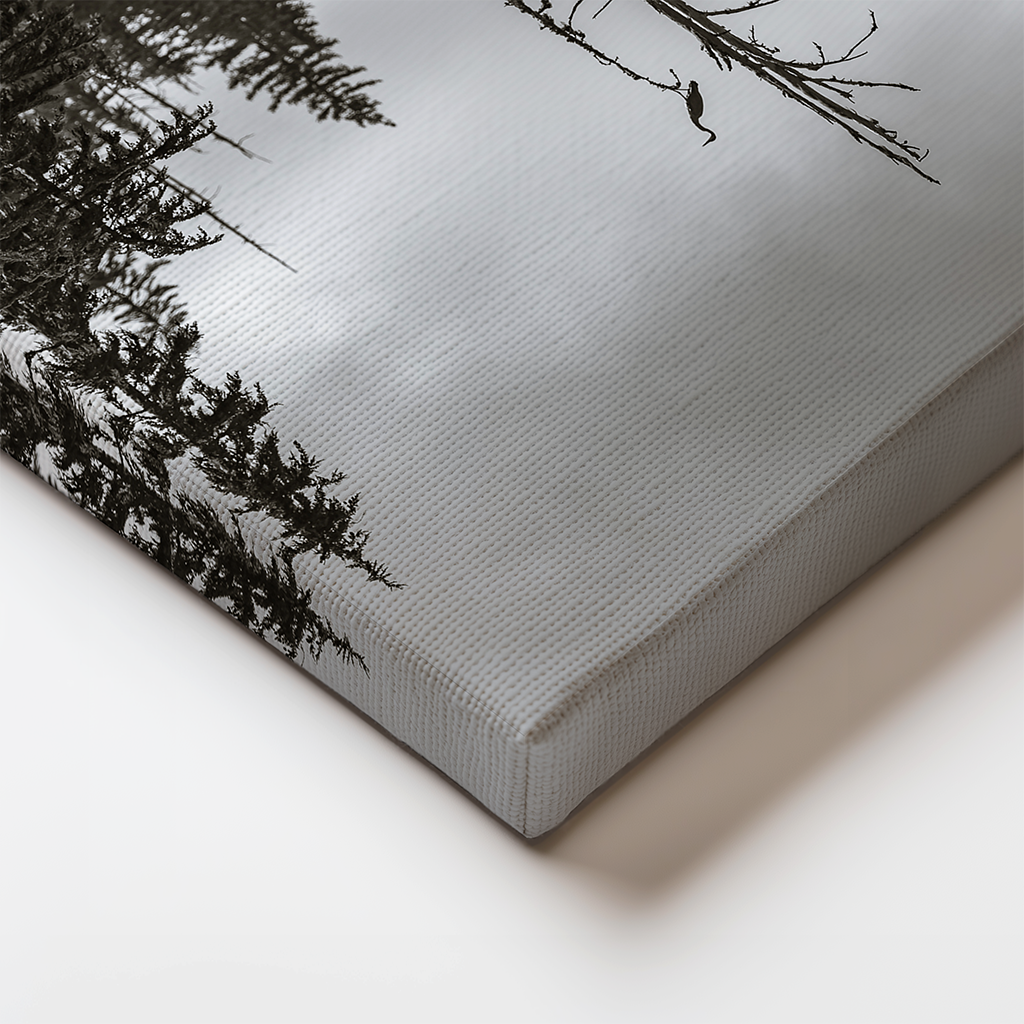 Close-up of the canvas edge featuring the high-contrast silhouette of a heron in Oregon forest.