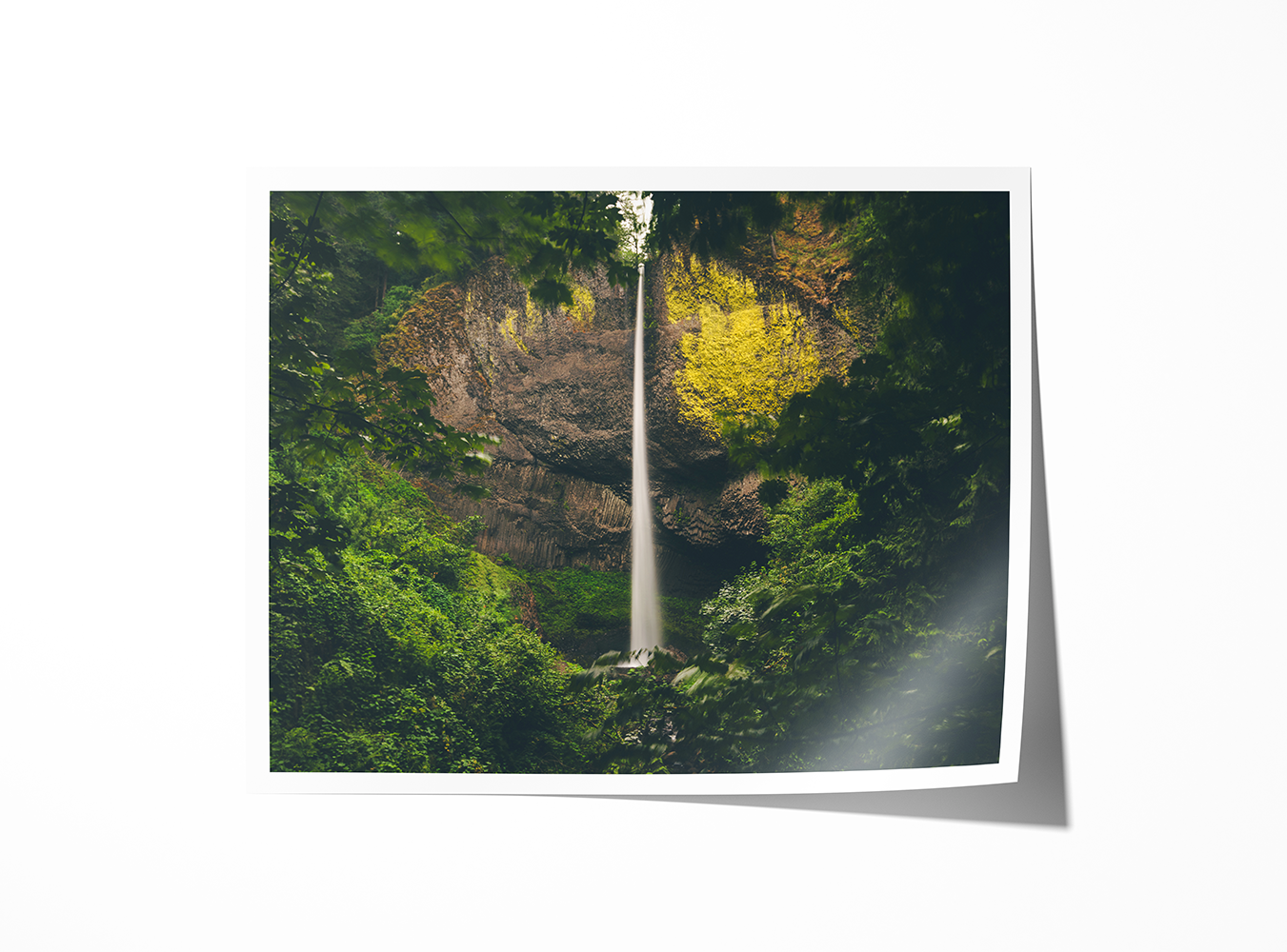 Latourell Falls print showing the full drop of water against textured rock, with soft green vegetation surrounding the scene.