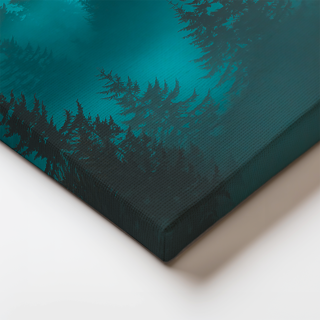 Close-up of canvas edge showing rich teal fog and forest layers from “Emerald Veil.” Rich texture from a fine art forest print