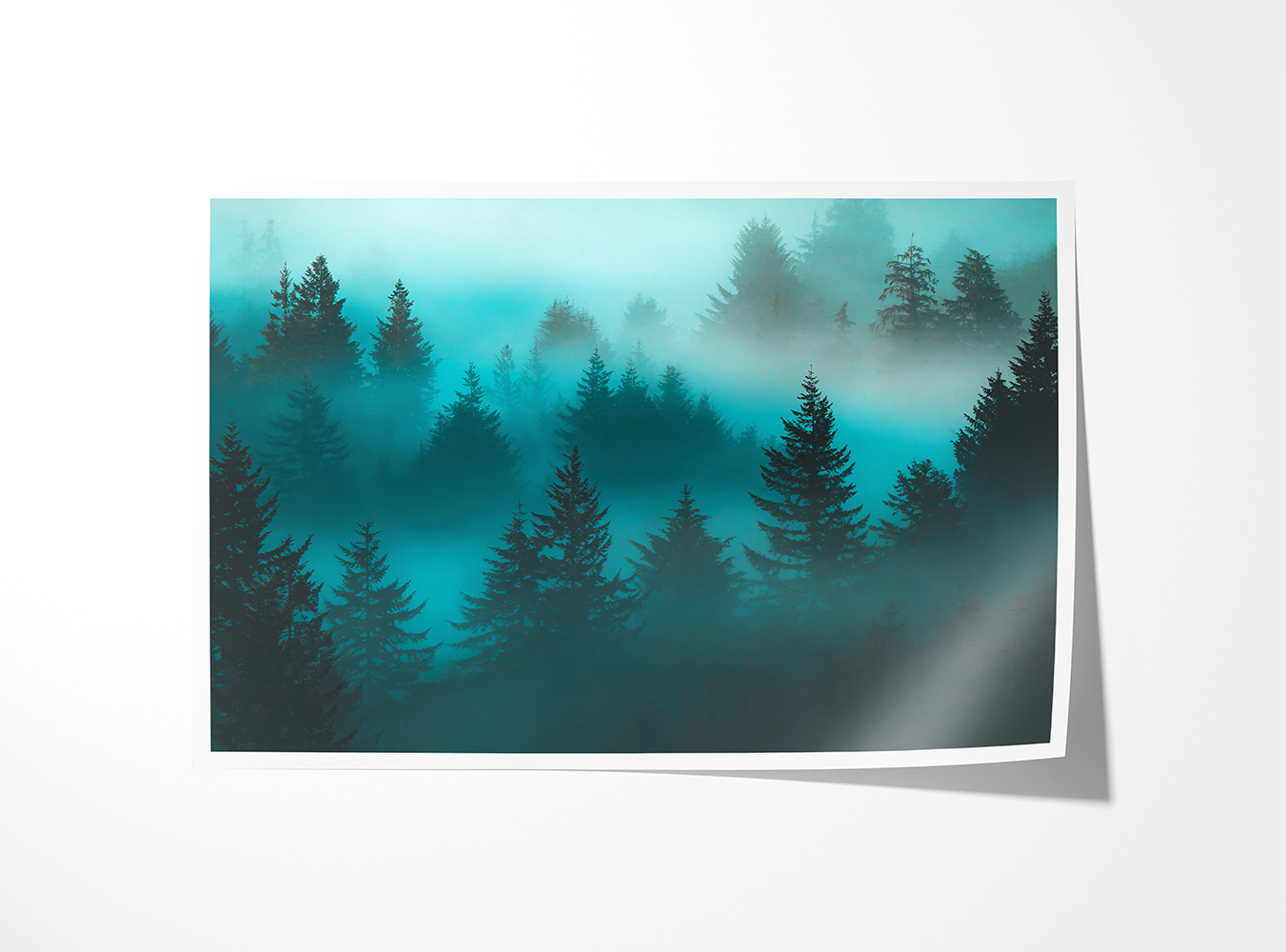 Fine art print of “Emerald Veil” featuring a fog-covered forest in Oregon. Serene wall décor for home or office
