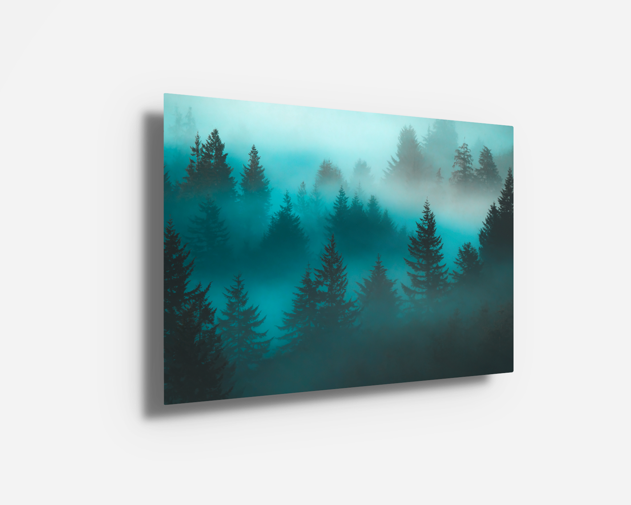 Metal print of “Emerald Veil,” showcasing a misty Oregon forest in blue-green tones. Sleek modern presentation of nature wall art