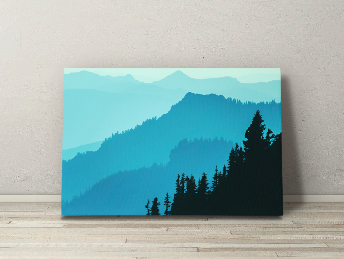 Blue Cascade printed on gallery-wrapped canvas, shown leaning on floor against wall