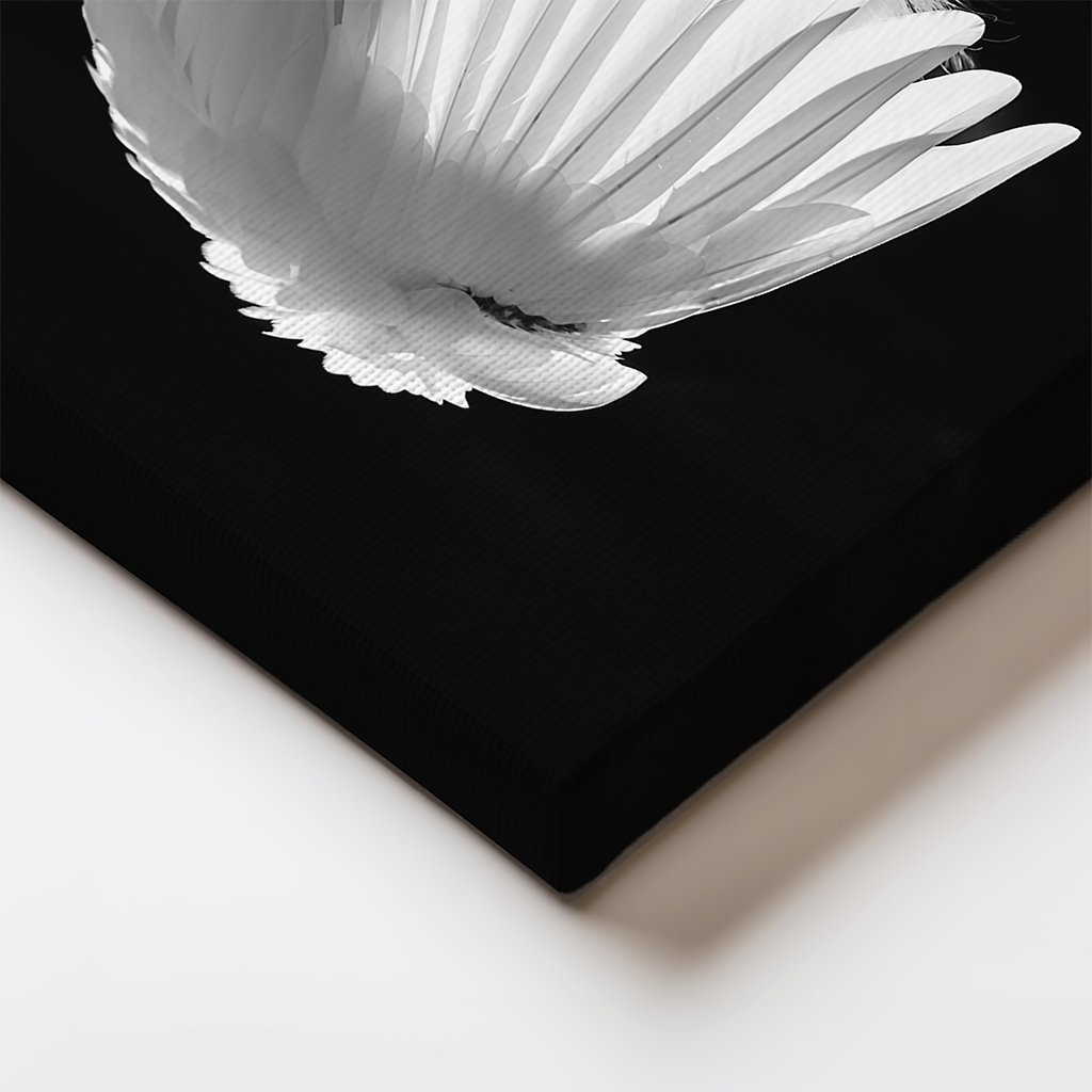 Detail of the canvas edge showing the egret’s fine feather texture wrapping seamlessly around the side.