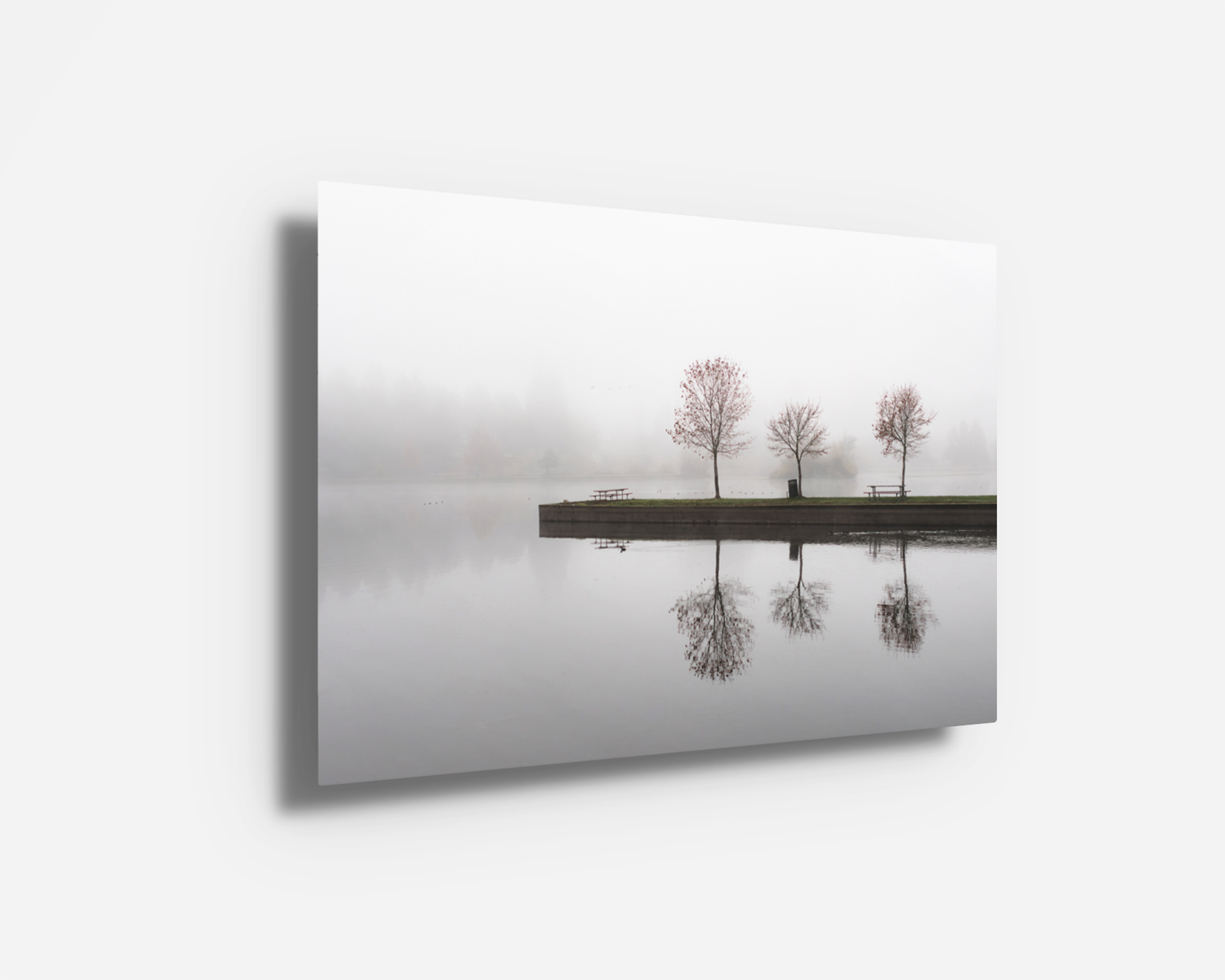 Metal print of “Selmac,” capturing quiet reflections at fog-covered Selmac Lake. Sleek, modern presentation of Oregon lake photography.