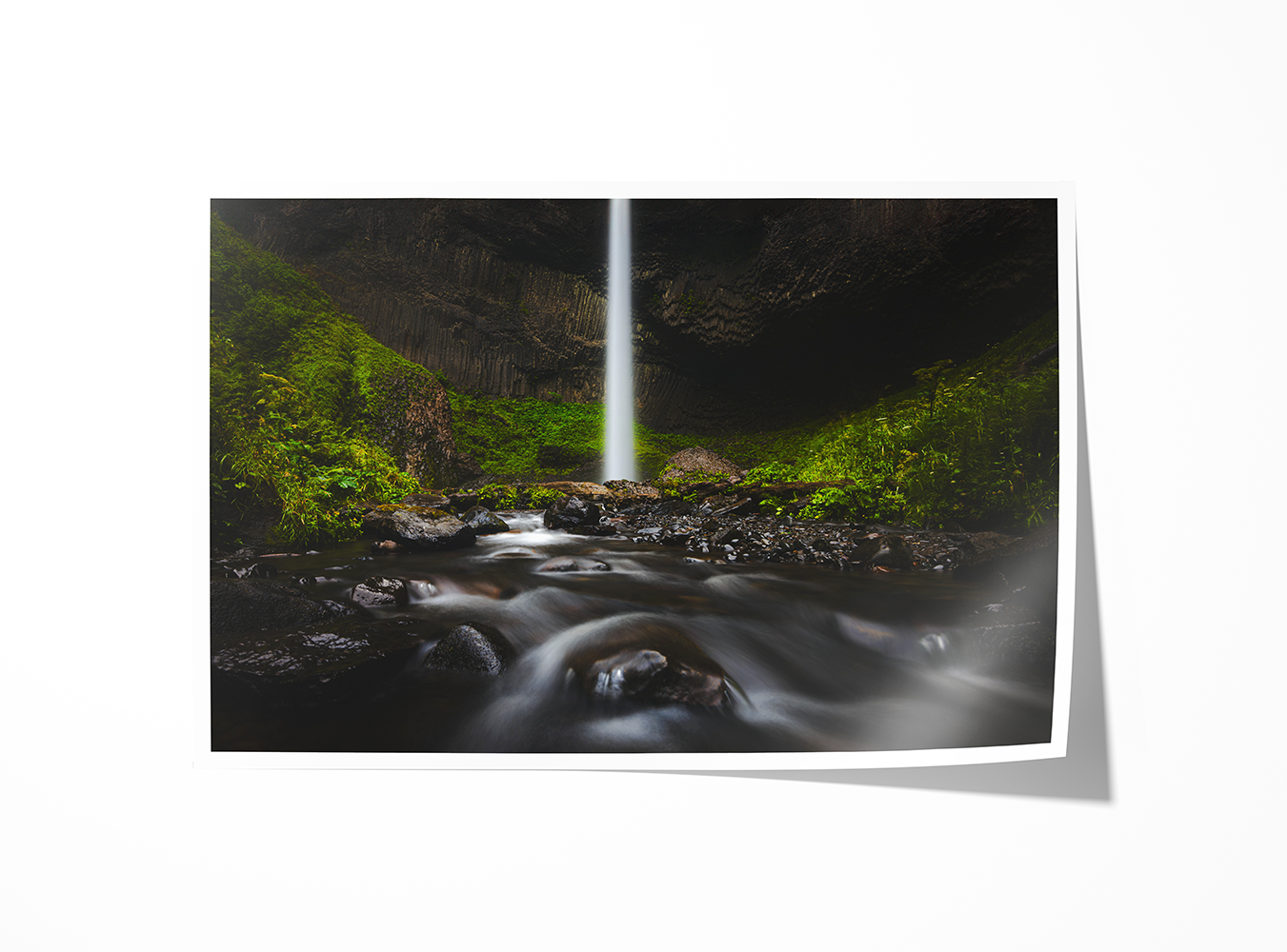 Archival paper print of a waterfall in Oregon, framed by basalt and forest.