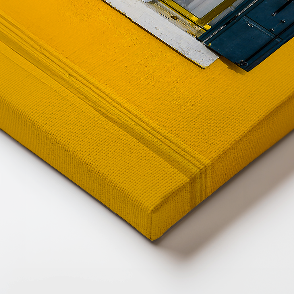 Canvas edge detail showing textured yellow wall and window frame from the Venetian Islands.