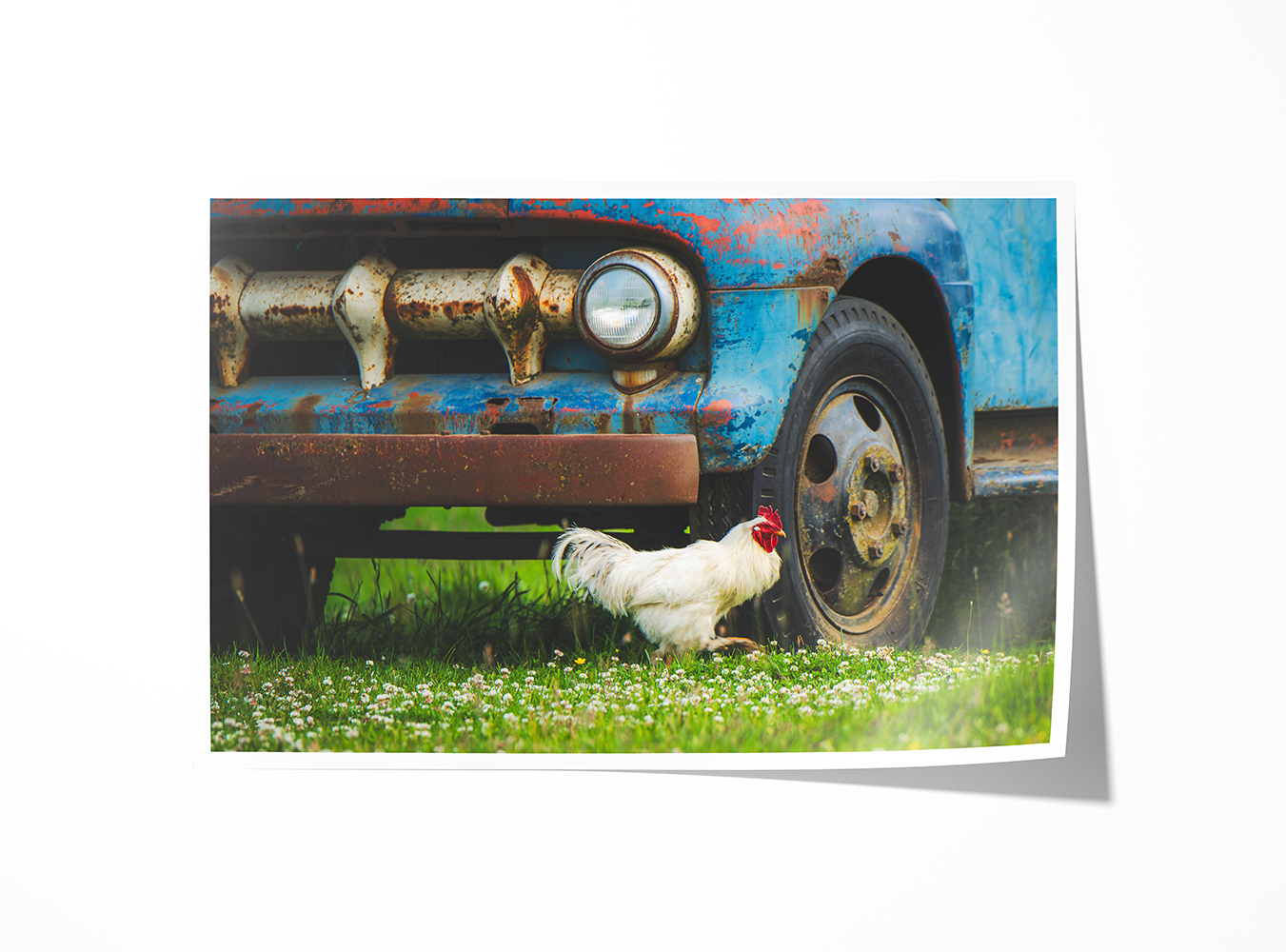 Wide view of “Farm Days” print featuring a rural Oregon scene with a rooster and rusted vintage truck.