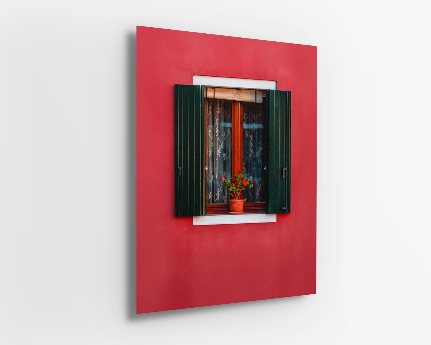 Sleek metal print of a red-walled Venetian window with rich textures and deep contrast.